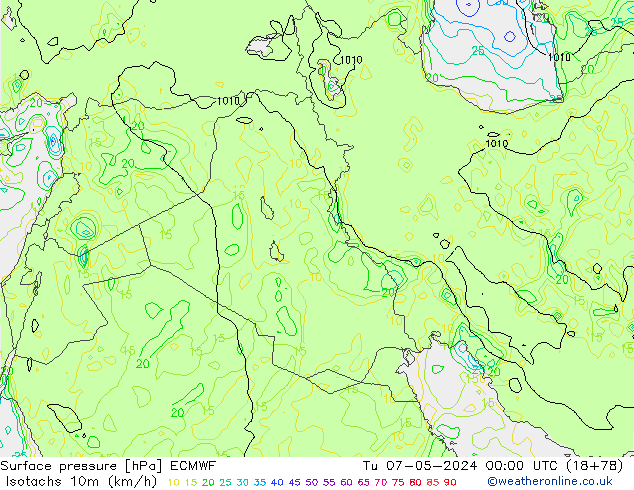 Isotachs (kph) ECMWF Út 07.05.2024 00 UTC