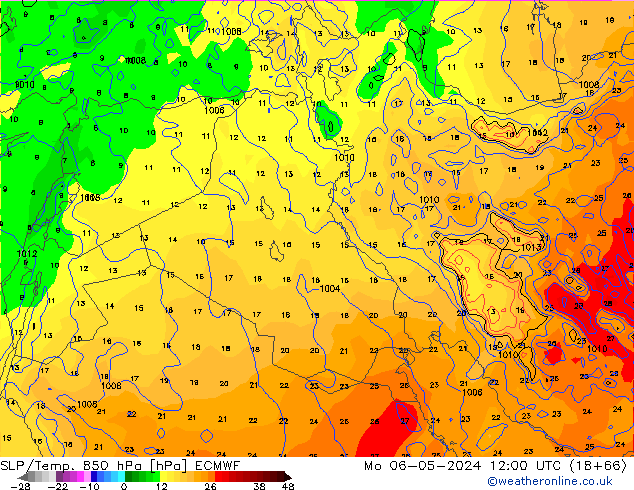 SLP/Temp. 850 hPa ECMWF pon. 06.05.2024 12 UTC