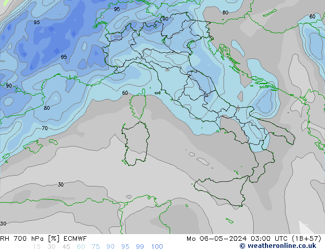 Humidité rel. 700 hPa ECMWF lun 06.05.2024 03 UTC