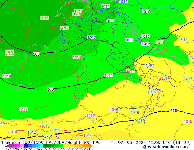 Thck 500-1000hPa ECMWF Tu 07.05.2024 12 UTC