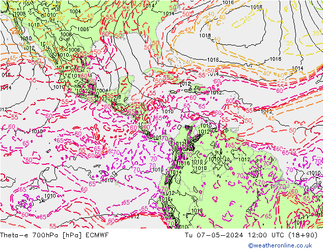 Theta-e 700hPa ECMWF Tu 07.05.2024 12 UTC