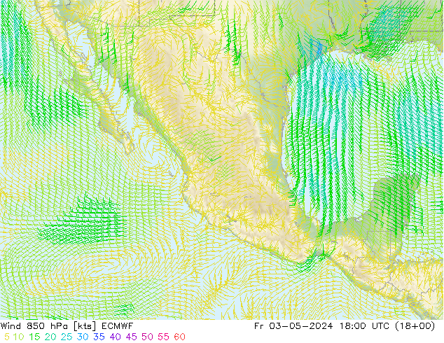 Viento 850 hPa ECMWF vie 03.05.2024 18 UTC