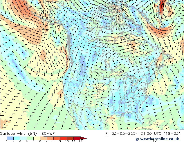 Viento 10 m (bft) ECMWF vie 03.05.2024 21 UTC