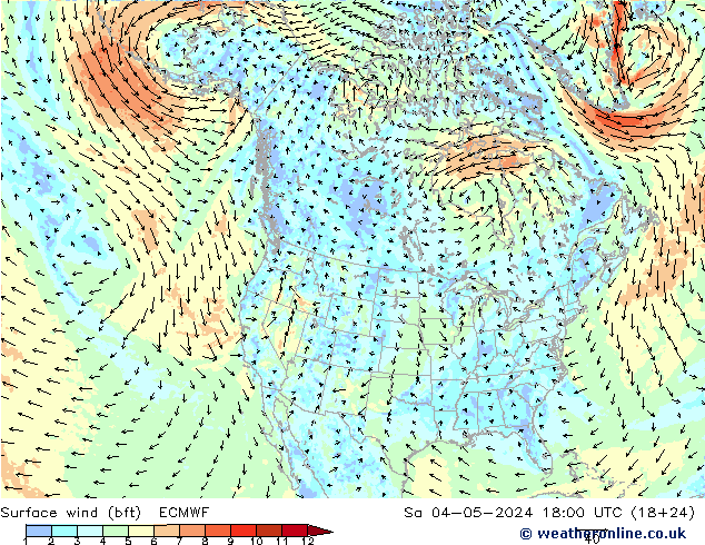 Vento 10 m (bft) ECMWF Sáb 04.05.2024 18 UTC