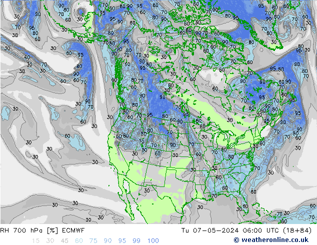 Humidité rel. 700 hPa ECMWF mar 07.05.2024 06 UTC