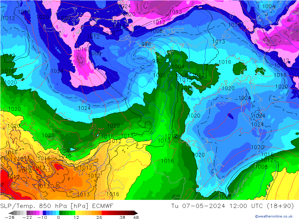 SLP/Temp. 850 hPa ECMWF Tu 07.05.2024 12 UTC