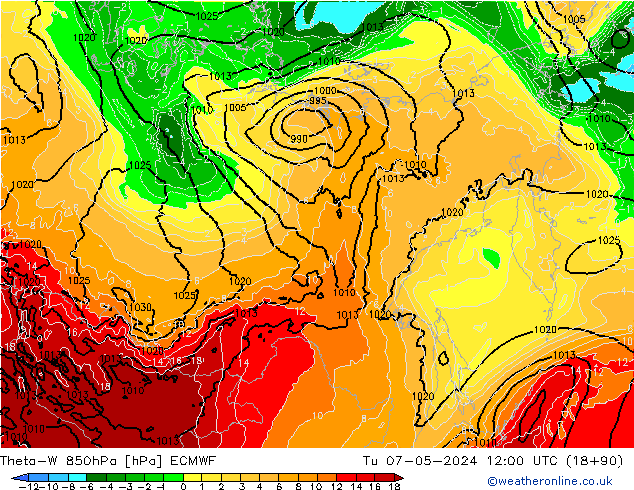 Theta-W 850hPa ECMWF Tu 07.05.2024 12 UTC