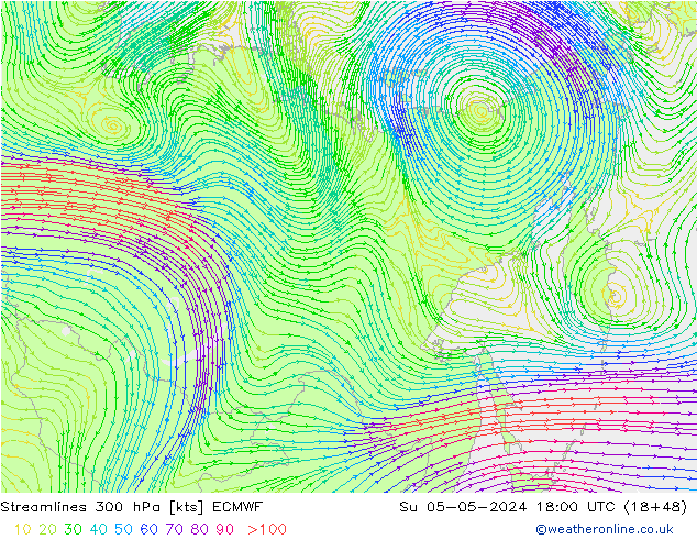 Ligne de courant 300 hPa ECMWF dim 05.05.2024 18 UTC