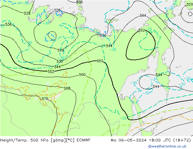 Z500/Rain (+SLP)/Z850 ECMWF Po 06.05.2024 18 UTC