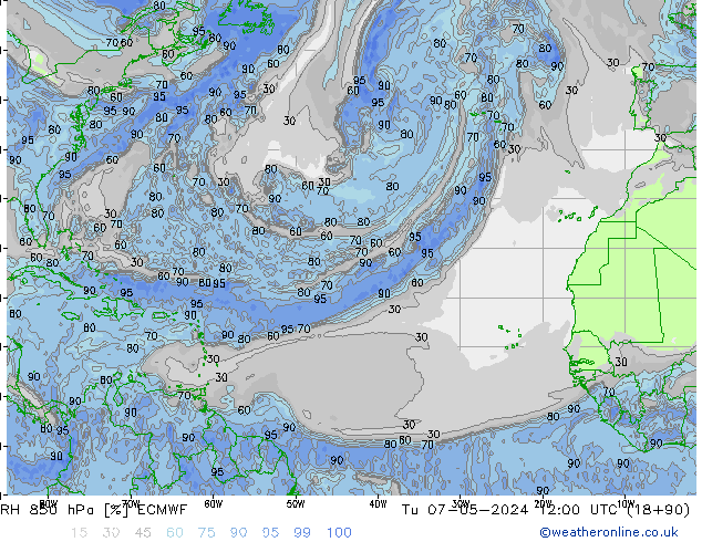Humidité rel. 850 hPa ECMWF mar 07.05.2024 12 UTC