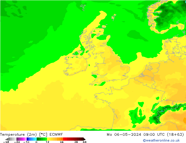 mapa temperatury (2m) ECMWF pon. 06.05.2024 09 UTC