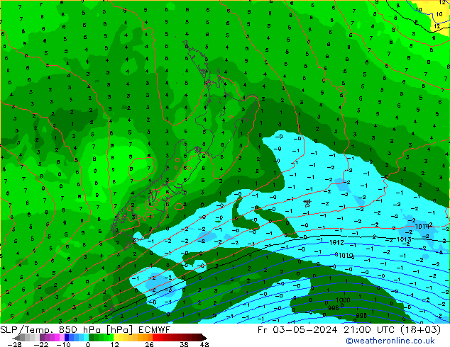 SLP/Temp. 850 hPa ECMWF  03.05.2024 21 UTC