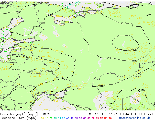 Isotachs (mph) ECMWF пн 06.05.2024 18 UTC