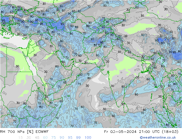 RH 700 hPa ECMWF 星期五 03.05.2024 21 UTC