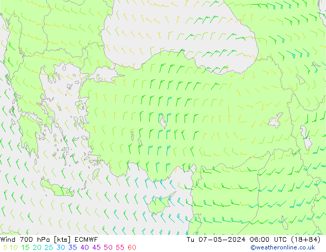 ветер 700 гПа ECMWF вт 07.05.2024 06 UTC