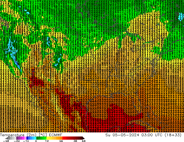 Temperatuurkaart (2m) ECMWF zo 05.05.2024 03 UTC