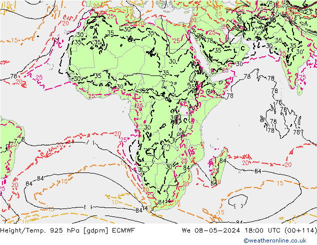 Height/Temp. 925 hPa ECMWF mer 08.05.2024 18 UTC