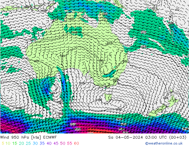 Vento 950 hPa ECMWF sab 04.05.2024 03 UTC