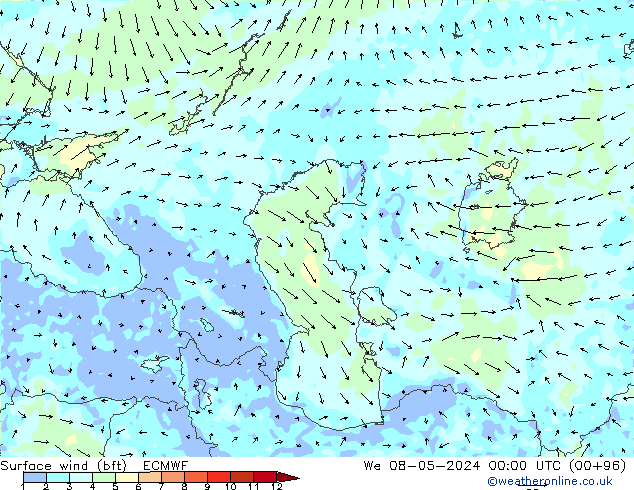 Surface wind (bft) ECMWF St 08.05.2024 00 UTC