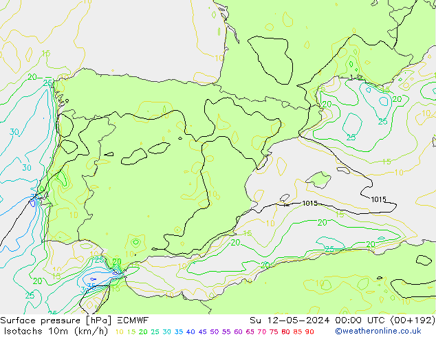 Isotachs (kph) ECMWF Ne 12.05.2024 00 UTC