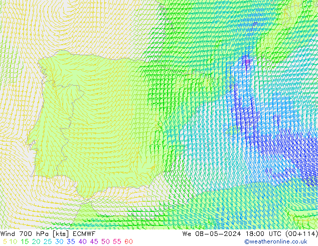 Vento 700 hPa ECMWF mer 08.05.2024 18 UTC