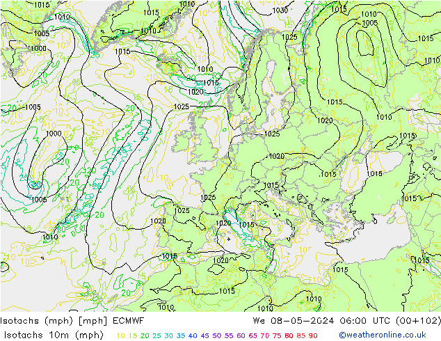 Isotachs (mph) ECMWF mer 08.05.2024 06 UTC