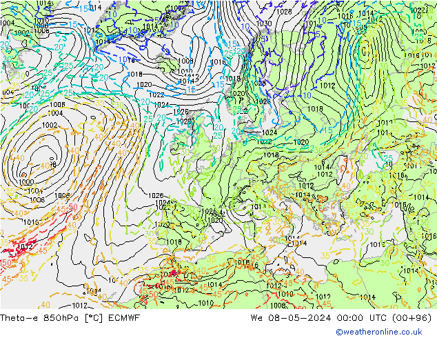 Theta-e 850hPa ECMWF We 08.05.2024 00 UTC