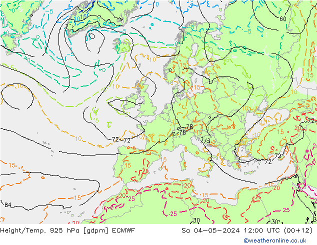Hoogte/Temp. 925 hPa ECMWF za 04.05.2024 12 UTC