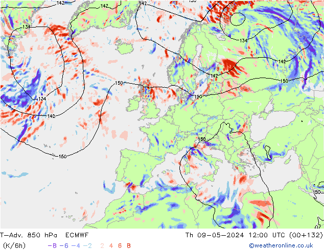 T-Adv. 850 hPa ECMWF Čt 09.05.2024 12 UTC