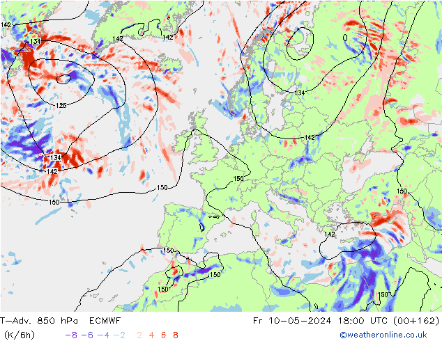 T-Adv. 850 hPa ECMWF ven 10.05.2024 18 UTC