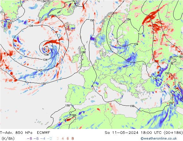T-Adv. 850 hPa ECMWF Sa 11.05.2024 18 UTC