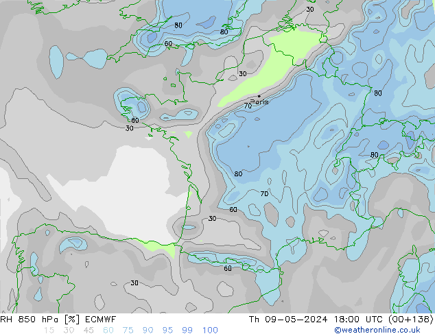 Humidité rel. 850 hPa ECMWF jeu 09.05.2024 18 UTC