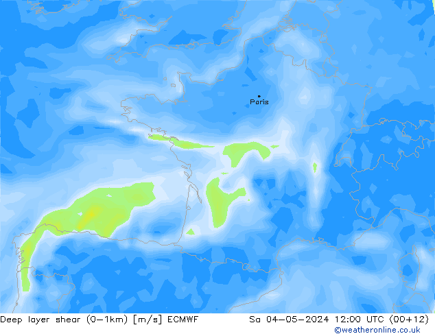 Deep layer shear (0-1km) ECMWF sáb 04.05.2024 12 UTC