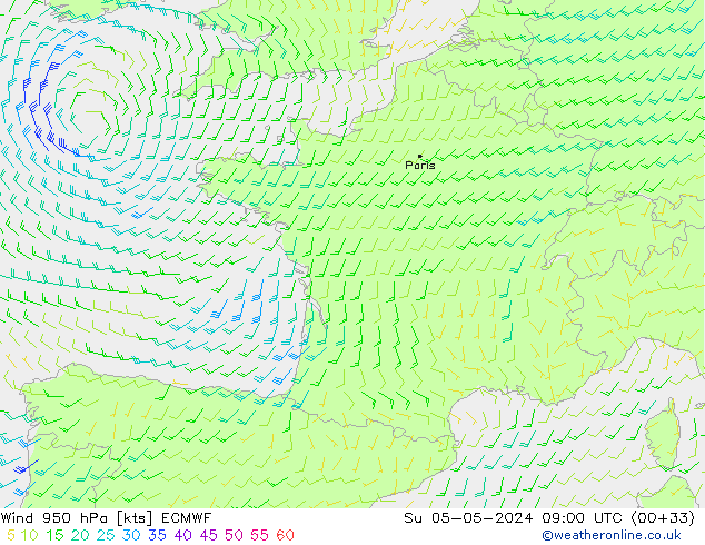 Wind 950 hPa ECMWF Su 05.05.2024 09 UTC