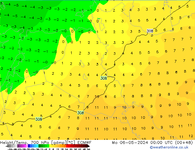 Height/Temp. 700 hPa ECMWF pon. 06.05.2024 00 UTC