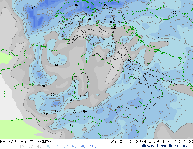 RH 700 hPa ECMWF We 08.05.2024 06 UTC