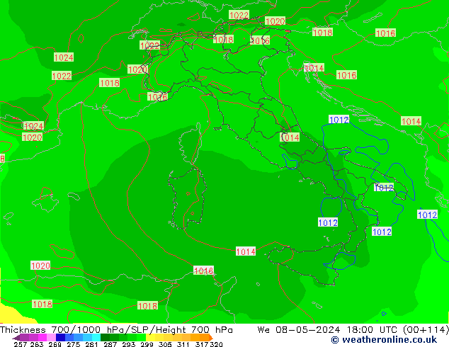 Thck 700-1000 hPa ECMWF śro. 08.05.2024 18 UTC