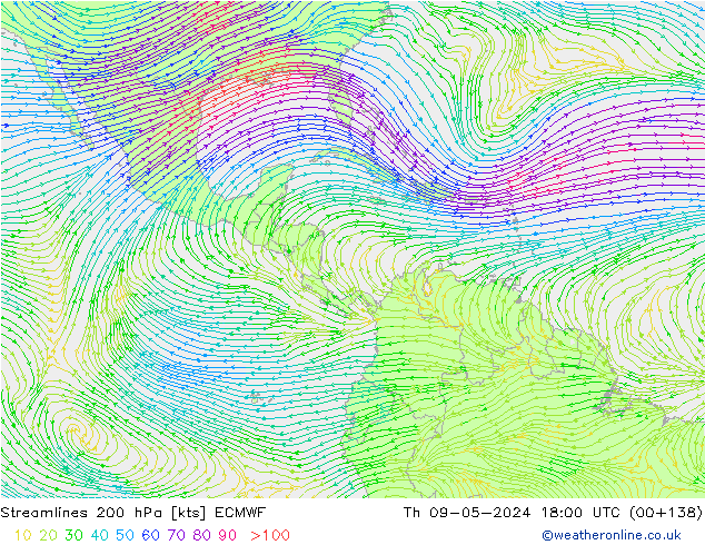 Linea di flusso 200 hPa ECMWF gio 09.05.2024 18 UTC