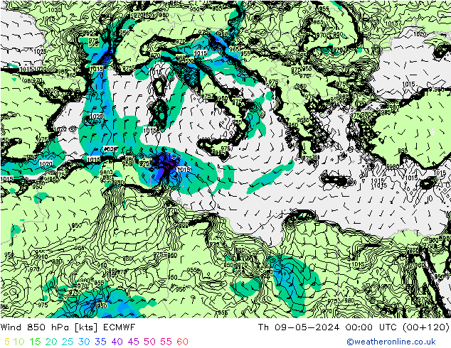 Vento 850 hPa ECMWF Qui 09.05.2024 00 UTC