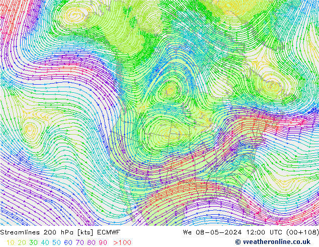 Streamlines 200 hPa ECMWF We 08.05.2024 12 UTC