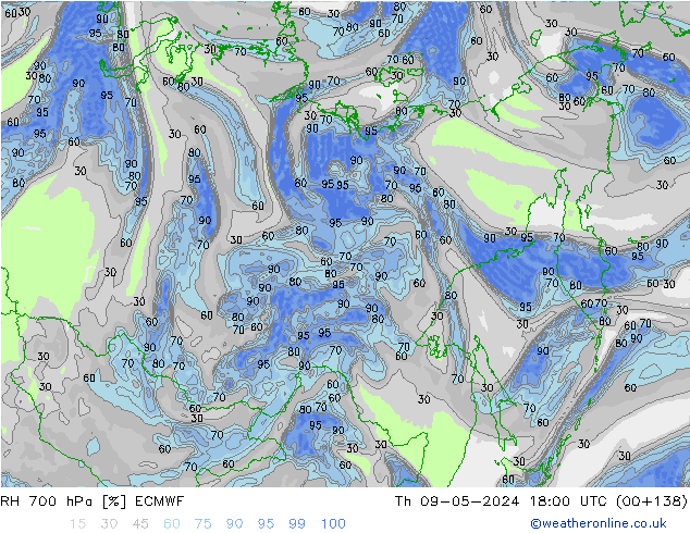 RH 700 hPa ECMWF Čt 09.05.2024 18 UTC