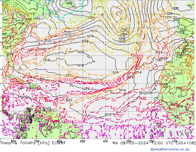 Theta-e 700hPa ECMWF śro. 08.05.2024 12 UTC