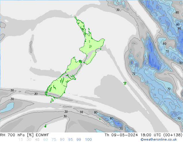 RH 700 hPa ECMWF Čt 09.05.2024 18 UTC