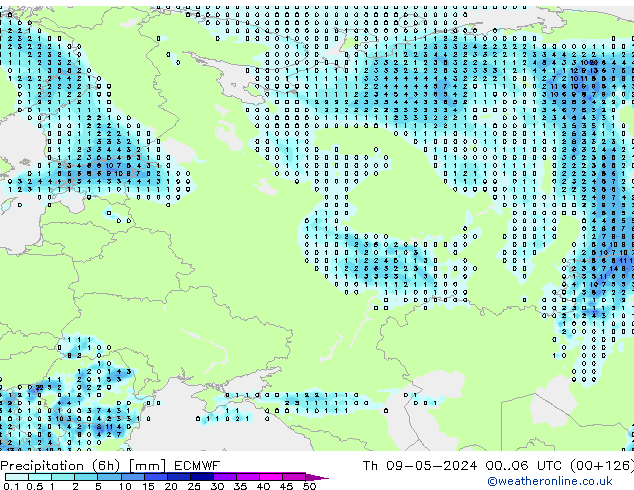 Precipitation (6h) ECMWF Th 09.05.2024 06 UTC
