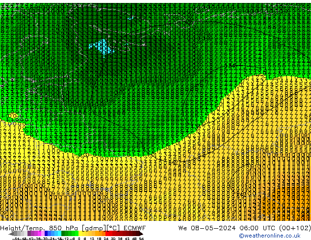 Geop./Temp. 850 hPa ECMWF mié 08.05.2024 06 UTC