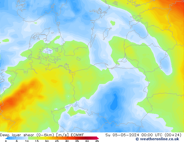 Deep layer shear (0-6km) ECMWF Вс 05.05.2024 00 UTC