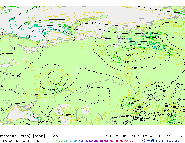 Izotacha (mph) ECMWF nie. 05.05.2024 18 UTC