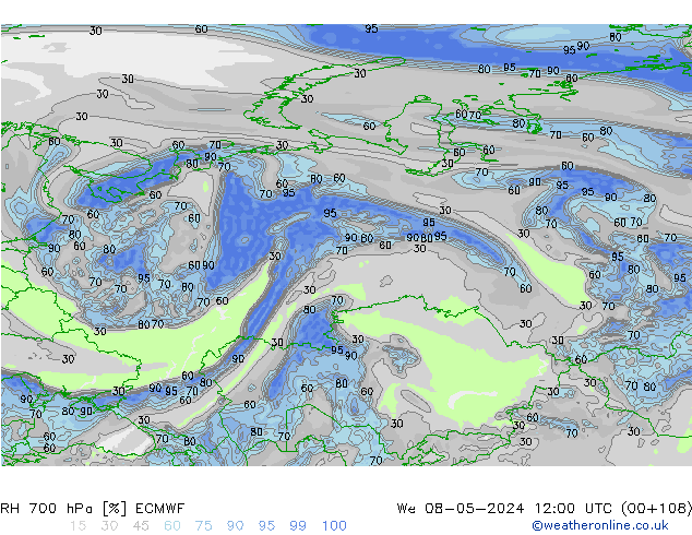 RH 700 hPa ECMWF mer 08.05.2024 12 UTC