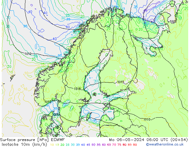 Izotacha (km/godz) ECMWF pon. 06.05.2024 06 UTC