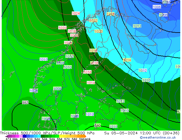 Espesor 500-1000 hPa ECMWF dom 05.05.2024 12 UTC